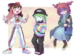 Rule 34 | 3girls, alternate costume, alternate hair color, black headwear, black legwear, black pants, blue bag, blue dress, border, brown hair, bucket hat, chain, chain necklace, closed eyes, closed mouth, clothes writing, coat, colored skin, commentary request, cookie (touhou), daiyousei, diyusi (cookie), dress, ear piercing, earrings, expressionless, eyebrow piercing, full body, green coat, green hair, grin, hair tubes, hakurei reimu, hand in pocket, hat, highres, hita (hizokuseikogeki), holding, holding phone, jewelry, light brown hair, long hair, medium hair, multicolored hair, multiple girls, nail polish, navel, navel piercing, necklace, niconico, noel (cookie), onozuka komachi, open mouth, pants, pantyhose, pentagram, phone, piercing, rainbow order, red eyes, red hair, red nails, romaji text, shaded face, shirt, shishou (cookie), shoes, short hair, side ponytail, smile, smiley face, sneakers, touhou, transparent border, two-tone hair, two side up, white footwear, white pants, white shirt, white skin, wristband