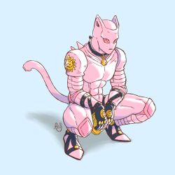 Rule 34 | abs, bell, cat tail, collar, full body, highres, jingle bell, jojo no kimyou na bouken, killer queen, raiphen, shadow, signature, solo, squatting, stand (jojo), tail