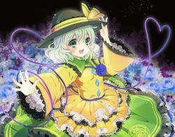 Rule 34 | 1girl, blue flower, blue rose, bow, embellished costume, female focus, flower, frilled skirt, frilled sleeves, frills, green eyes, green hair, hand on headwear, hat, hat bow, heart, heart of string, komeiji koishi, matching hair/eyes, open mouth, outstretched hand, rontarou, rose, skirt, solo, third eye, too many, touhou