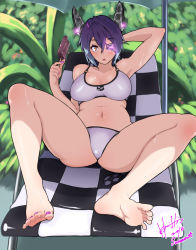 Rule 34 | 10s, 1girl, 2015, barefoot, bikini, blue hair, breasts, checkered clothes, checkered necktie, checkered neckwear, cleavage, collarbone, eyepatch, fang, feet, female focus, food, headgear, highres, hori shin, kantai collection, large breasts, looking at viewer, lying, nail polish, navel, necktie, on back, open mouth, orange eyes, popsicle, purple nails, short hair, soles, solo, spread legs, sweat, swimsuit, tenryuu (kancolle), toenail polish, toenails, toes, white bikini