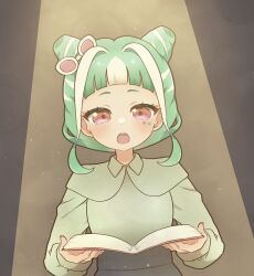 Rule 34 | 1girl, :o, blunt bangs, book, brown background, chii (chi pppuri), chimumu, collared shirt, commentary request, cone hair bun, double bun, green hair, green shirt, hair bun, hands up, highres, holding, holding book, light particles, long sleeves, multicolored hair, open book, open mouth, pretty series, reading, red eyes, shirt, short hair, sidelocks, solo, spotlight, star sticker, streaked hair, sunglasses, upper body, waccha primagi!, white hair