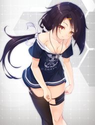 Rule 34 | 1girl, azur lane, bare shoulders, black hair, black thighhighs, blue shirt, blush, breasts, cassin (azur lane), cleavage, closed mouth, clothes writing, collarbone, eorx, hair ornament, hairclip, heterochromia, hexagon, leaning forward, long hair, looking at viewer, low ponytail, medium breasts, mole, mole under eye, red eyes, shirt, short sleeves, solo, thigh strap, thighhighs, yellow eyes