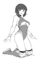 Rule 34 | 1girl, bob cut, boots, breasts, cleavage cutout, clothing cutout, covered navel, greyscale, highres, knee pads, kneeling, leotard, lips, looking at viewer, medium breasts, minami toshimi, monochrome, nexas, open mouth, simple background, solo, white background, wrestle angels, wrestle angels survivor, wrestle angels survivor 2, wrestler, wrestling outfit, wristband