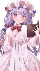 Rule 34 | 1girl, blue bow, blush, book, bow, crescent, crescent hat ornament, dress, hair bow, hat, hat ornament, highres, holding, holding book, komomo (ptkrx), long hair, long sleeves, looking at viewer, mob cap, open book, open mouth, patchouli knowledge, purple dress, purple eyes, purple hair, purple hat, red bow, simple background, solo, striped clothes, striped dress, touhou, vertical-striped clothes, vertical-striped dress, white background, wide sleeves