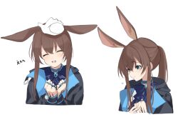 Rule 34 | 1girl, :d, ^ ^, amiya (arknights), animal ears, arknights, black jacket, blue choker, blue eyes, brown hair, choker, closed eyes, commentary request, disembodied hand, hands up, highres, jacket, lily0428, long hair, material growth, multiple views, open mouth, oripathy lesion (arknights), ponytail, rabbit ears, simple background, smile, white background