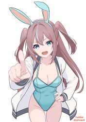 1girl absurdres akoya_matama animal_ears aqua_hair aqua_leotard blue_eyes breasts brown_hair cleavage fake_animal_ears highleg highleg_leotard highres jacket leotard mahou_shoujo_ni_akogarete medium_breasts multicolored_hair open_mouth playboy_bunny pointing pointing_at_viewer rabbit_ears simple_background solo streaked_hair two-tone_hair white_background white_jacket xueli_shimazaki