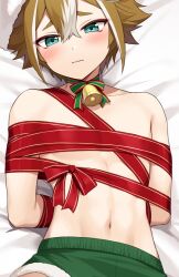 Rule 34 | 1boy, arms behind back, bdsm, bell, blue eyes, blush, bondage, bound, brown hair, christmas present, commentary request, dog boy, genshin impact, gift, gorou (genshin impact), hair between eyes, half-closed eyes, highres, iroiro 0w0, jingle bell, lying, male focus, merry christmas, multicolored hair, navel, on back, on bed, shorts, simple background, streaked hair, topless male