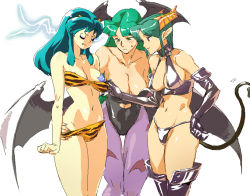 Rule 34 | 00s, 3girls, angry, animal print, bat print, bat wings, bra, bra pull, breast envy, breast slip, breasts, capcom, carrera, cleavage, clothes pull, color connection, cone horns, cowboy shot, crossover, demon girl, demon horns, demon tail, electricity, eyeshadow, fang, green hair, hand on own hip, head wings, horns, large breasts, lingerie, long hair, looking at breasts, lum, makeup, medium breasts, morrigan aensland, multiple crossover, multiple girls, o/p.com, one breast out, panties, pantyhose, pasties, pointy ears, print legwear, revealing clothes, simple background, star pasties, sweatdrop, tail, tiger print, underwear, underwear only, urusei yatsura, vampire (game), viper, viper gts, white background, wings