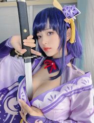 Rule 34 | 1girl, asian, between breasts, blunt bangs, breasts, cleavage, cosplay, genshin impact, highres, holding, holding weapon, japanese clothes, kimono, large breasts, lips, lipstick, looking at viewer, makeup, mole, mole under eye, parted lips, photo (medium), purple eyes, purple hair, purple kimono, raiden shogun, raiden shogun (cosplay), sword, upper body, weapon