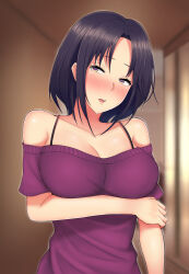 Rule 34 | 1girl, bare shoulders, black hair, blurry, blurry background, blush, breasts, cleavage, embarrassed, eyebrows hidden by hair, female focus, hand on own arm, head tilt, highres, indoors, large breasts, medium hair, nori gorou, ore ga hitozuma sex ni hamaru made, original, parted lips, solo, standing, upper body, yellow eyes