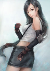 Rule 34 | 1990s (style), 1girl, black hair, breasts, brown eyes, earrings, elbow gloves, elbow pads, final fantasy, final fantasy vii, fingerless gloves, from behind, gloves, highres, jewelry, long hair, looking back, low-tied long hair, materia, miche, midriff, pencil skirt, retro artstyle, skirt, smile, solo, suspender skirt, suspenders, tifa lockhart