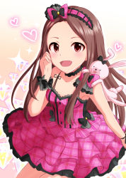 Rule 34 | 10s, 1girl, :d, armpits, azuma kei, bare shoulders, black bow, blush, bow, breasts, brown hair, choker, collarbone, commentary request, cowboy shot, dress, frilled dress, frilled hairband, frills, gem (symbol), gradient background, hairband, hand on own cheek, hand on own face, heart, idolmaster, idolmaster (classic), idolmaster 2, long hair, looking at viewer, minase iori, on shoulder, open mouth, pink bow, pink dress, pink eyes, pink hairband, plaid, plaid bow, plaid dress, sleeveless, sleeveless dress, small breasts, smile, solo, spaghetti strap, sparkle, stuffed animal, stuffed rabbit, stuffed toy, two-tone background, wrist cuffs