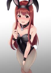 Rule 34 | 1girl, absurdres, animal ears, between legs, black leotard, blush, breasts, brown hair, choker, cleavage, collarbone, dot nose, fake animal ears, fake tail, fishnet pantyhose, fishnets, gradient background, hairband, hand between legs, highres, idolmaster, idolmaster million live!, idolmaster million live! theater days, karetayousuke, keyhole, leotard, long hair, looking at viewer, medium breasts, o-ring, o-ring choker, open mouth, pantyhose, playboy bunny, rabbit ears, rabbit tail, red eyes, shy, simple background, solo, standing, tail, tanaka kotoha, white background, wristband