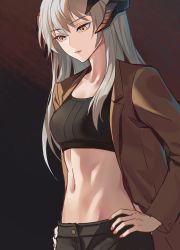 Rule 34 | 1girl, absurdres, alternate costume, arknights, black shirt, breasts, brown background, brown jacket, chinese commentary, commentary request, crop top, grey hair, hands on own hips, highres, horns, jacket, long hair, long sleeves, medium breasts, midriff, nail polish, navel, open clothes, open jacket, orange nails, pink lips, saria (arknights), shirt, shisangeashi, solo, sports bra, stomach, upper body, yellow eyes