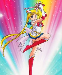 Rule 34 | 1990s (style), 1girl, arms up, back bow, bishoujo senshi sailor moon, blonde hair, blue eyes, boots, bow, brooch, double bun, elbow gloves, gloves, hair bun, heart, heart brooch, highres, holding, jewelry, knee boots, leotard, long hair, looking at viewer, magical girl, miniskirt, multicolored clothes, multicolored skirt, official art, pink footwear, pleated skirt, retro artstyle, sailor moon, sailor senshi, skirt, smile, solo, super sailor moon, tiara, tsukino usagi, twintails, very long hair