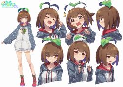 Rule 34 | 1girl, absurdres, blush, boots, breasts, brown hair, character sheet, closed eyes, eva mashiro, eva mashiro (vtuber), expressions, grey jacket, highres, holding, holding stylus, hood, hooded jacket, index finger raised, indie virtual youtuber, jacket, lace-trimmed boots, lace trim, long sleeves, multiple views, red footwear, short hair, shoshinsha mark, small breasts, smile, smug, sprout on head, stylus, surprised, sweatdrop, tearing up, virtual youtuber, yellow eyes