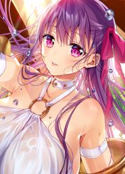 Rule 34 | 1girl, armlet, bare shoulders, belt collar, breasts, collar, collarbone, commentary, fate/grand order, fate (series), hair between eyes, hair ribbon, huge breasts, murakami yuichi, o-ring, o-ring top, outdoors, passionlip (fate), passionlip (third ascension) (fate), pink eyes, pink ribbon, purple eyes, purple hair, pursed lips, revealing clothes, ribbon, see-through, solo