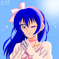 Rule 34 | 1girl, ;), artist name, artist request, blue hair, blue sky, blush, bow, breasts, brown eyes, choker, close-up, cloud, collarbone, curly hair, dated, day, dress, female focus, fingers together, gloves, hair between eyes, hairband, long hair, looking at viewer, love live!, love live! school idol festival, love live! school idol project, one eye closed, outdoors, own hands together, parted lips, pink bow, pink choker, pink dress, pink gloves, pink hairband, pink ribbon, plaid, plaid dress, pleated, pleated dress, puffy short sleeves, puffy sleeves, ribbon, shiranai love oshiete love, short sleeves, sky, smile, solo, sonoda umi, sunlight, upper body, white bow, white dress, white gloves, white hairband, wink, yellow eyes