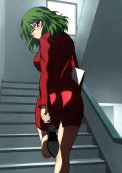 Rule 34 | 1girl, ass, belted, belted dress, bespectacled, blush, clasped dress, cosplay, dress, female focus, folder, formal, glasses, green hair, high heels, highres, kazami yuuka, looking at viewer, looking back, office lady, pencil skirt, red eyes, shoe soles, shoes, short hair, skirt, skirt suit, smile, solo, stairs, stairwell, suit, teacher, tight clothes, tight dress, touhou, yadokari genpachirou