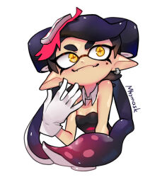 Rule 34 | 1girl, :3, artist name, bare shoulders, black bodysuit, black hair, bodysuit, callie (splatoon), commentary, cropped torso, cross-shaped pupils, detached collar, earrings, english commentary, fangs, gloves, gradient hair, hair ornament, hands on own face, highres, inkling, jewelry, light blush, long eyelashes, long hair, looking to the side, m4ymask, mole, multicolored hair, nintendo, pointy ears, portrait, red hair, solo, splatoon (series), strapless bodysuit, symbol-shaped pupils, tentacle hair, very long hair, white gloves, white hair, yellow eyes