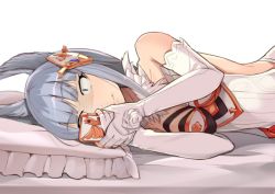 Rule 34 | 10s, 1girl, animal ears, asymmetrical clothes, bare shoulders, bed sheet, breasts, cat ears, cellphone, collarbone, commentary request, constricted pupils, dress, elbow gloves, erune, eyebrows, feathers, flower, frilled pillow, frills, gloves, granblue fantasy, grey eyes, grey hair, hair ornament, hinami (hinatamizu), holding, holding phone, korwa, long hair, lying, medium breasts, on bed, on side, one eye covered, phone, pillow, rose, simple background, smartphone, solo, white background, white flower, white gloves, white rose