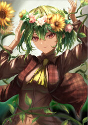 Rule 34 | 1girl, absurdres, ascot, collared shirt, flower, green hair, hair flower, hair ornament, hands up, head wreath, highres, kazami yuuka, long sleeves, looking at viewer, navel, pink flower, red eyes, red vest, shiroki ai, shirt, short hair, sunflower, sunflower hair ornament, touhou, upper body, vest, white flower, yellow ascot