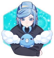 Rule 34 | 1boy, alternate costume, black sweater, blue eyes, blue hair, blush, closed mouth, commentary request, creatures (company), eyelashes, game freak, gen 3 pokemon, green background, grusha (pokemon), highres, holding, holding pokemon, long sleeves, looking down, male focus, mocacoffee 1001, nintendo, notice lines, pokemon, pokemon (creature), pokemon sv, signature, swablu, sweater, upper body