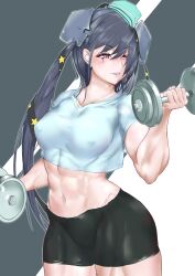 Rule 34 | 1girl, absurdres, black hair, black shorts, blue shirt, breasts, commentary request, cowboy shot, crop top, dumbbell, exercising, grin, highres, kantai collection, kureshi (hannzi), large breasts, long hair, midriff, navel, parted lips, purple eyes, scamp (kancolle), shirt, short shorts, short sleeves, shorts, smile, solo, standing, stomach, very long hair, weightlifting