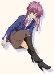 Rule 34 | 00s, 1girl, boots, chikage (sister princess), female focus, high heel boots, high heels, long sleeves, looking at viewer, pink hair, purple eyes, shoes, simple background, sister princess, sitting, skirt, solo, white background