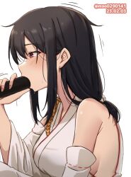 Rule 34 | 1girl, black hair, breasts, dated, detached sleeves, ehoumaki, food, hair ribbon, japanese clothes, kantai collection, large breasts, m.a.o, makizushi, medium hair, red eyes, ribbon, sexually suggestive, sideboob, simple background, solo, sushi, trembling, twitter username, upper body, white background, wide sleeves, yamashiro (kancolle)