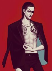 Rule 34 | 1boy, abs, bare pectorals, bella scottland, black hair, black pants, coat, coat on shoulders, collarbone, cowboy shot, eyepatch, gold necklace, irezumi, jewelry, long hair, looking at viewer, majima goro, male focus, necklace, one-eyed, open clothes, open coat, pants, pectorals, ponytail, red background, ryuu ga gotoku (series), ryuu ga gotoku 0, simple background, smile, snake print, solo, tattoo, topless male, yakuza