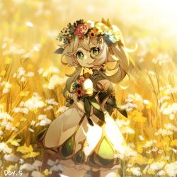Rule 34 | 1girl, blue flower, bouquet, commentary, daisy, detached sleeves, field, flower, flower field, genshin impact, green eyes, green sleeves, head wreath, highres, holding, holding bouquet, long hair, looking at viewer, nahida (genshin impact), pink flower, pink rose, pointy ears, rose, short sleeves, side ponytail, solo, ssm (ssm82048039), sunlight, white flower, yellow flower, yellow theme