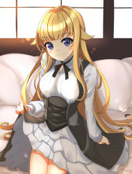 Rule 34 | 1girl, absurdres, blonde hair, blue eyes, blunt bangs, blush, clothes lift, couch, highres, indoors, kogetsu azami, long hair, looking at viewer, princess (princess principal), princess principal, school uniform, sitting, skirt, skirt lift, smile, solo, very long hair, white skirt, window