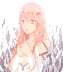 Rule 34 | 10s, 1girl, bad id, bad pixiv id, bare shoulders, blush, breasts, center opening, cleavage, crystal, detached sleeves, guilty crown, hair ornament, hairclip, hands on own chest, long hair, open mouth, pink hair, red eyes, small breasts, solo, twintails, wenlu an, yuzuriha inori