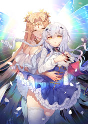Rule 34 | 2girls, :d, absurdres, aurora (fate), bare shoulders, blonde hair, blood, blood on face, blood on hands, blue skirt, braid, breasts, butterfly wings, closed eyes, fate/grand order, fate (series), fingernails, flower, forked eyebrows, frilled skirt, frills, hair flower, hair ornament, hairclip, headpiece, highres, insect wings, long hair, long sleeves, may (2747513627), medium breasts, melusine (fate), melusine (second ascension) (fate), multiple girls, open mouth, parted bangs, parted lips, petals, pleated skirt, pointy ears, puffy long sleeves, puffy sleeves, sharp fingernails, shirt, skirt, smile, thighhighs, very long hair, white hair, white legwear, white shirt, wings, yellow flower