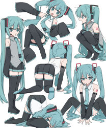 Rule 34 | 1girl, absurdres, all fours, arched back, black footwear, black skirt, blue eyes, blue hair, blue necktie, boots, channel ( caststation), collared shirt, detached sleeves, grey shirt, hatsune miku, headphones, highres, kneeling, long hair, looking at viewer, lying, microphone, multiple girls, multiple views, necktie, on back, open mouth, pleated skirt, shirt, sitting, skirt, sleeveless, sleeveless shirt, sleeves past fingers, sleeves past wrists, smile, squatting, standing, thigh boots, thighhighs, twintails, upskirt, very long hair, vocaloid, white shirt