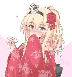 Rule 34 | 1girl, alternate costume, black hairband, blonde hair, blue eyes, braid, choko (cup), commentary request, covering own mouth, crown, cup, drunk, floral print, flower, hairband, half up braid, highres, japanese clothes, kantai collection, kimono, long hair, looking at viewer, mini crown, off shoulder, one-hour drawing challenge, ponytail, red flower, red kimono, red rose, rose, shizuna kaede, solo, squeans, upper body, warspite (kancolle)