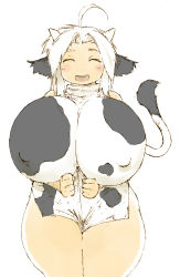 Rule 34 | 1girl, ^ ^, ahoge, blush, breasts, closed eyes, covered erect nipples, cow girl, cow horns, gigantic breasts, happy, highres, hip focus, horns, huge breasts, long hair, open mouth, simple background, solo, tail, teeth, tixil, tongue, white background, white hair, wide hips