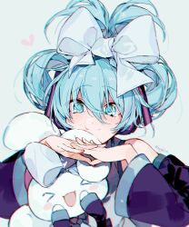 Rule 34 | 1girl, bare shoulders, blue eyes, blue hair, bow, cinnamiku, cinnamoroll, closed mouth, cosplay, folded twintails, hair bow, hands up, hatsune miku, hatsune miku (cosplay), looking at viewer, sanrio, sapphire (nine), simple background, smile, solo, upper body, vocaloid, white background, white bow