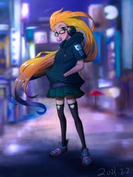 Rule 34 | blue hair, blurry, blurry background, blowing bubbles, chewing gum, city lights, commentary, contrapposto, cyber pop zoe, dated, glasses, green hair, hands in pockets, headphones, heart, heterochromia, highres, hood, hoodie, league of legends, long hair, miniskirt, orange hair, skirt, skull, thighhighs, vegefish, very long hair, zoe (league of legends)