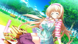 Rule 34 | 1girl, bench, blonde hair, closed eyes, food, game cg, julia lin road, long hair, magical marriage lunatics!!, park, picnic, picnic basket, solo, thermos, thighhighs, tree, twintails, yamakaze ran