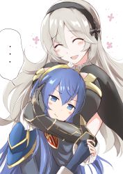 Rule 34 | ..., 2girls, absurdres, armor, black armor, black hairband, blue eyes, blue hair, blush, breasts, closed eyes, closed mouth, corrin (female) (fire emblem), corrin (female) (nohr noble) (fire emblem), corrin (fire emblem), fingerless gloves, fire emblem, fire emblem awakening, fire emblem fates, gloves, hair between eyes, hairband, highres, hug, long hair, lucina (fire emblem), multiple girls, nintendo, open mouth, pout, shoulder armor, tiara, very long hair, white background, white hair, xobox