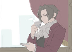 Rule 34 | 1boy, ace attorney, ascot, closed mouth, cup, curtains, grey eyes, grey hair, highres, holding, holding cup, holding saucer, jacket, kinni, long sleeves, male focus, miles edgeworth, red jacket, saucer, solo, steam, upper body, white ascot, window