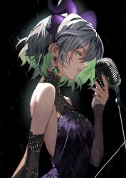 Rule 34 | 1girl, alternate ears, bare shoulders, black dress, apricot the lich, colored inner hair, demon horns, detached sleeves, dress, earrings, green eyes, green hair, grey hair, highres, holding, holding microphone, horns, jewelry, lipstick, makeup, microphone, mochimochi 589, multicolored hair, multiple horns, nail polish, parted lips, profile, purple horns, purple nails, rain, short hair, sleeveless, sleeveless dress, solo, teeth, virtual youtuber, vshojo