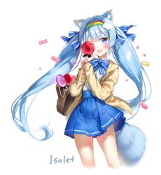 Rule 34 | 1girl, ;d, animal ear fluff, animal ears, bag, blue bow, blue eyes, blue hair, blue skirt, blush, bow, brown jacket, candy, candy wrapper, collared shirt, commission, cropped legs, fang, food, hair bow, heart, heart-shaped lollipop, holding, holding candy, holding food, holding lollipop, hood, hood down, hooded jacket, jacket, lollipop, long hair, long sleeves, looking at viewer, marmoset (marmoset0), one eye closed, open clothes, open jacket, open mouth, original, pleated skirt, shaped lollipop, shirt, simple background, skirt, sleeves past wrists, smile, solo, striped bow, striped clothes, striped shirt, tail, twintails, vertical-striped clothes, vertical-striped shirt, very long hair, white background, white shirt