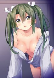 Rule 34 | 10s, 1girl, all fours, bare legs, bedroom, bow, breasts, clothes down, collarbone, cowboy shot, green eyes, green hair, hair between eyes, hair bow, hair ribbon, highres, indoors, irohara, kantai collection, long hair, looking at viewer, medium breasts, no bra, no panties, open mouth, out of frame, ribbon, shirt down, solo, zuikaku (kancolle)