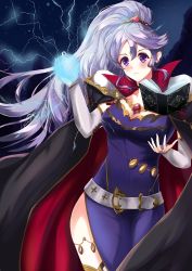 Rule 34 | 1girl, absurdres, blush, book, breasts, cape, cleavage, collarbone, covered navel, detached sleeves, dress, electricity, fire emblem, fire emblem: genealogy of the holy war, fire emblem: thracia 776, floating, floating book, floating object, forest, highres, ishtar (fire emblem), large breasts, lightning, long hair, magic, nature, night, night sky, nintendo, open book, outdoors, ponytail, purple dress, purple eyes, side slit, silver hair, sky, solo, tapume, very long hair
