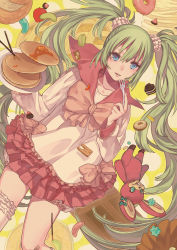 Rule 34 | 1girl, bad id, bad pixiv id, blue eyes, candy, collair (cono), doughnut, face, food, fork, green hair, hatsune miku, highres, jelly bean, lol -lots of laugh- (vocaloid), long hair, macaron, noco (adamas), pancake, pocky, rabbit, scrunchie, skirt, solo, stuffed animal, stuffed toy, sweets, twintails, very long hair, vocaloid