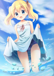 Rule 34 | 1girl, :d, alice cartelet, bird, blonde hair, blue eyes, blue one-piece swimsuit, blue sky, blush, clothes lift, cloud, commentary request, dated, day, dot nose, dress, dress lift, hair ornament, hair stick, highres, inakami, kin-iro mosaic, lifted by self, long hair, looking at viewer, ocean, one-piece swimsuit, open mouth, red ribbon, ribbon, school swimsuit, signature, simple bird, sky, smile, solo, swimsuit, swimsuit under clothes, twintails, wading