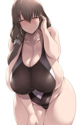 Rule 34 | 1girl, 2022, blush, breasts, brown hair, bursting breasts, cleavage, closed eyes, competition swimsuit, female focus, grey hair, higher resolution available, highres, huge breasts, long hair, looking at viewer, mature female, one-piece swimsuit, side ponytail, sideboob, simple background, smile, swimsuit, thick thighs, thighs, tsukasawa takamatsu, uzaki-chan wa asobitai!, uzaki tsuki, white background, wide hips